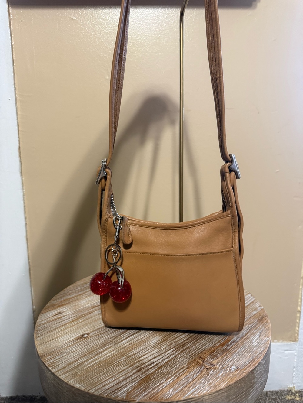 Coach Classic Tan Leather Crossbody Bag with Cherry Charm not included